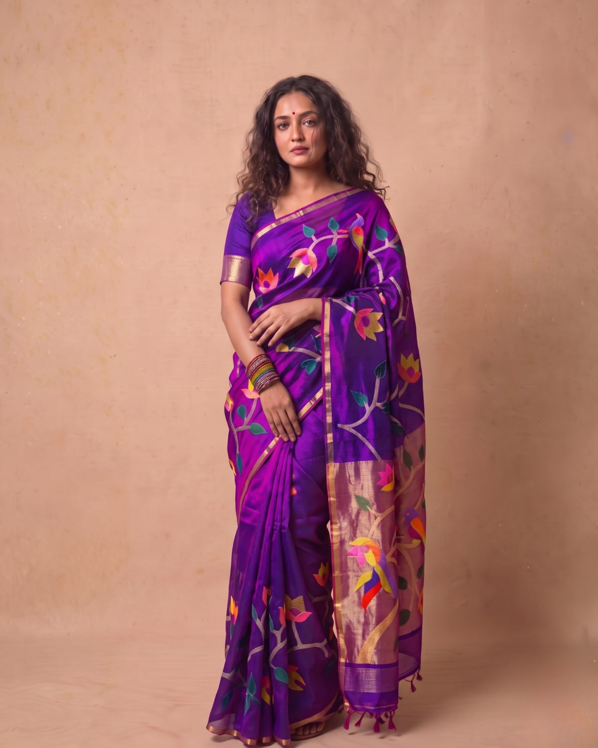 Deep Purple Resham Silk Handloom Saree with Multi-Color Vine Weave