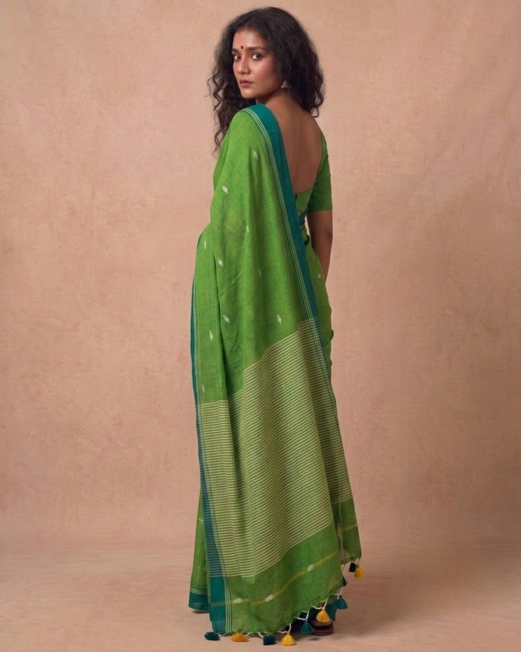 Green handspun cotton saree with white bootis