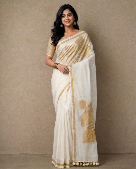 Golden flower white mulmul cotton saree