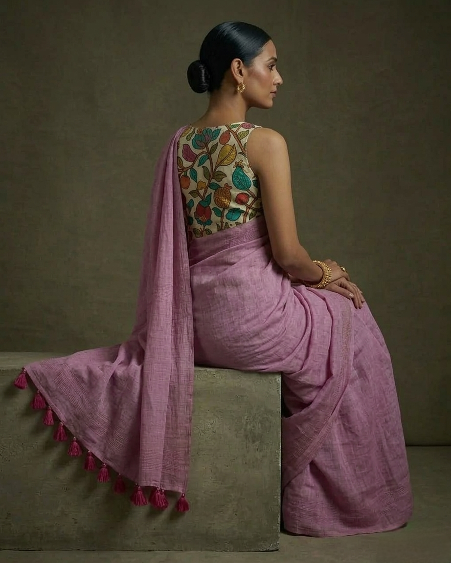 Onion pink  color mangalgiri cotton saree with hand-painted kalamkari bP .