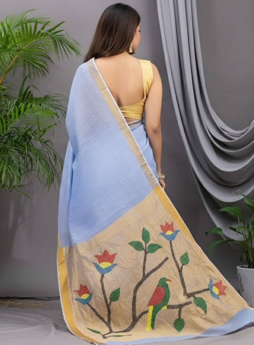 Powder blue linen Silk Jamdani