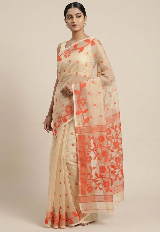 Off white and orange jamdani woven resham Silk