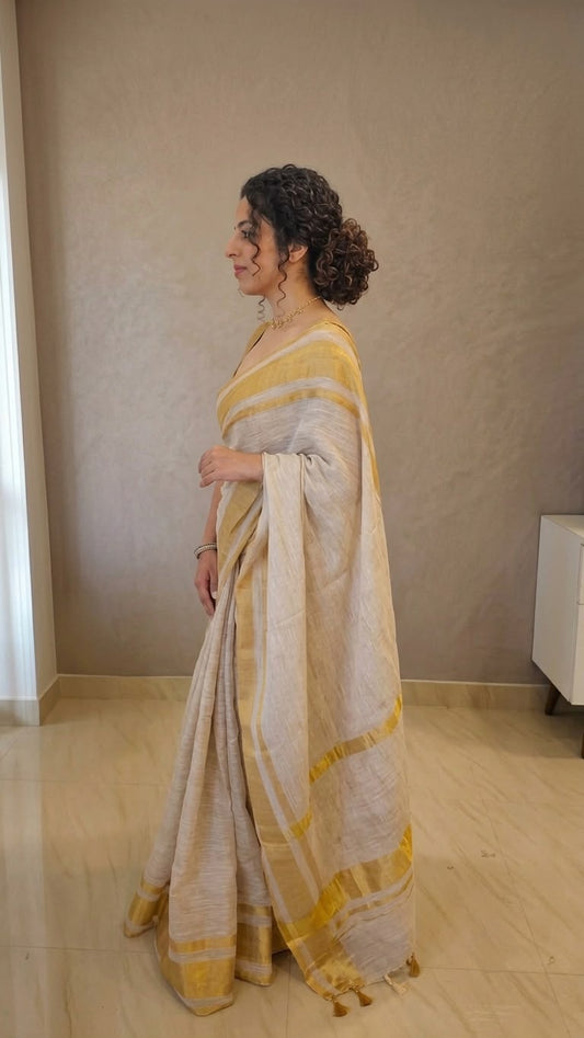 Golden zari border pure linen-cotton saree