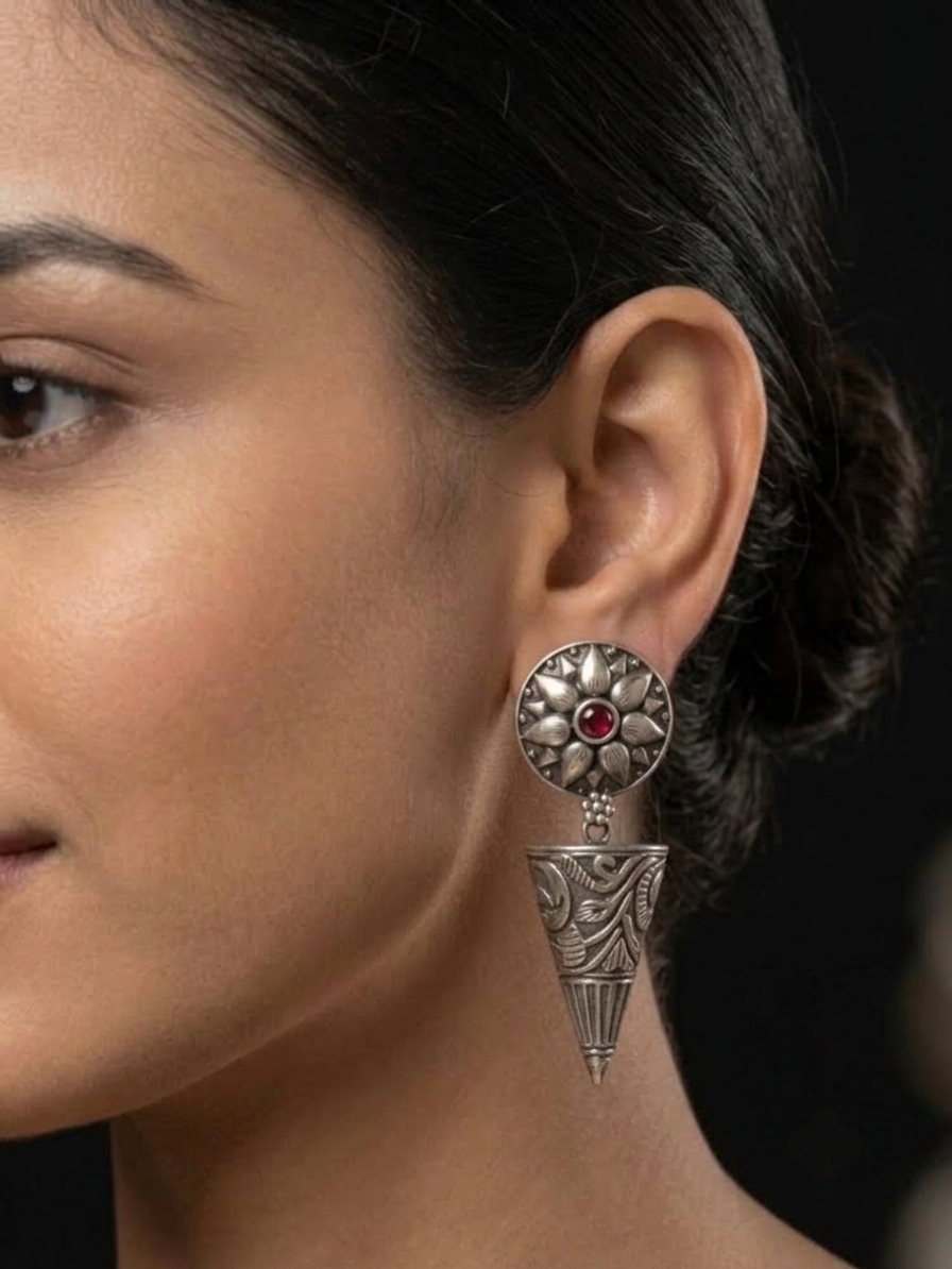 Premium silver polish earring with maroon bead