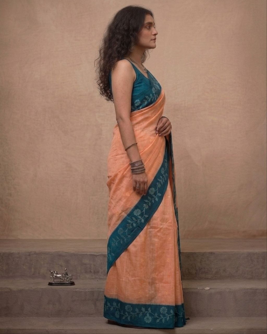 Peach and Teal blue tussar Jamdani saree