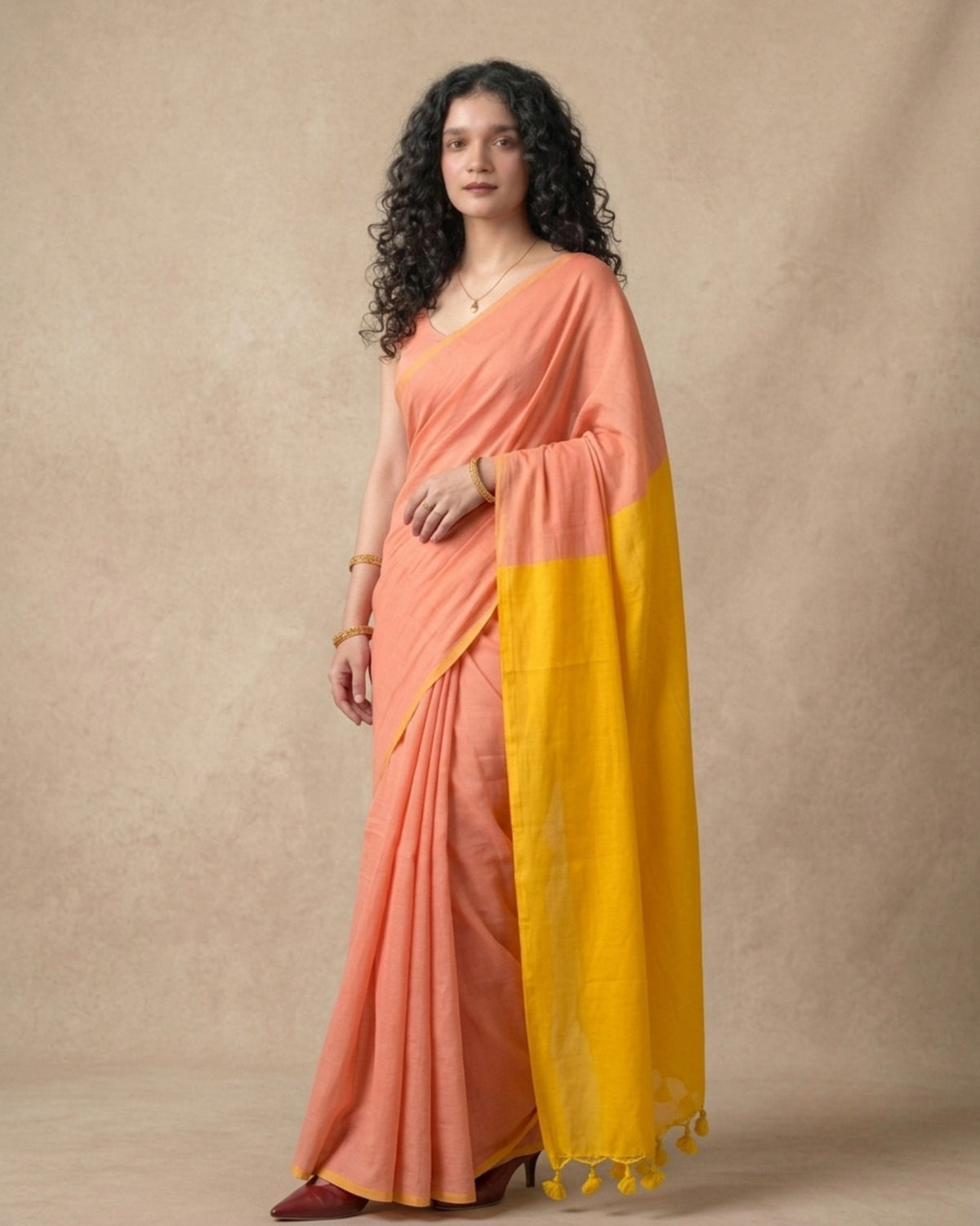 Khadi cotton saree plain solid peach and yellow