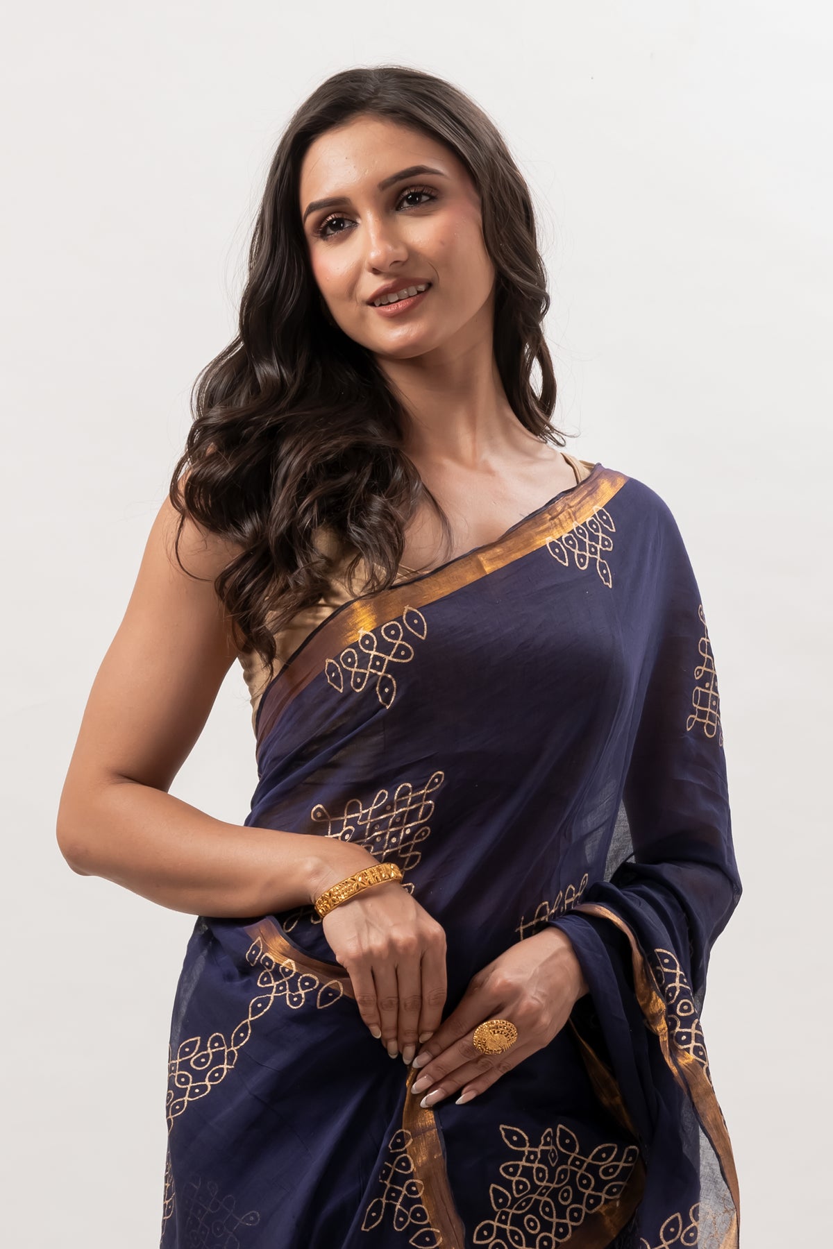 Deep Navy Blue Mul Cotton Saree with Gold Geometric Motifs