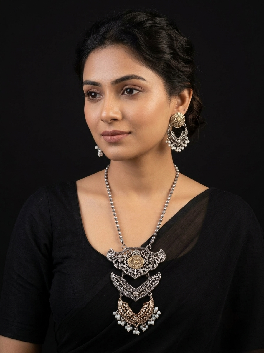 Silver replica dual-tone Statement Necklace and Earring Set with Pearl Accents