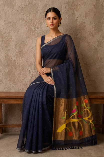 Midnight blue handspun resham paithni silk saree