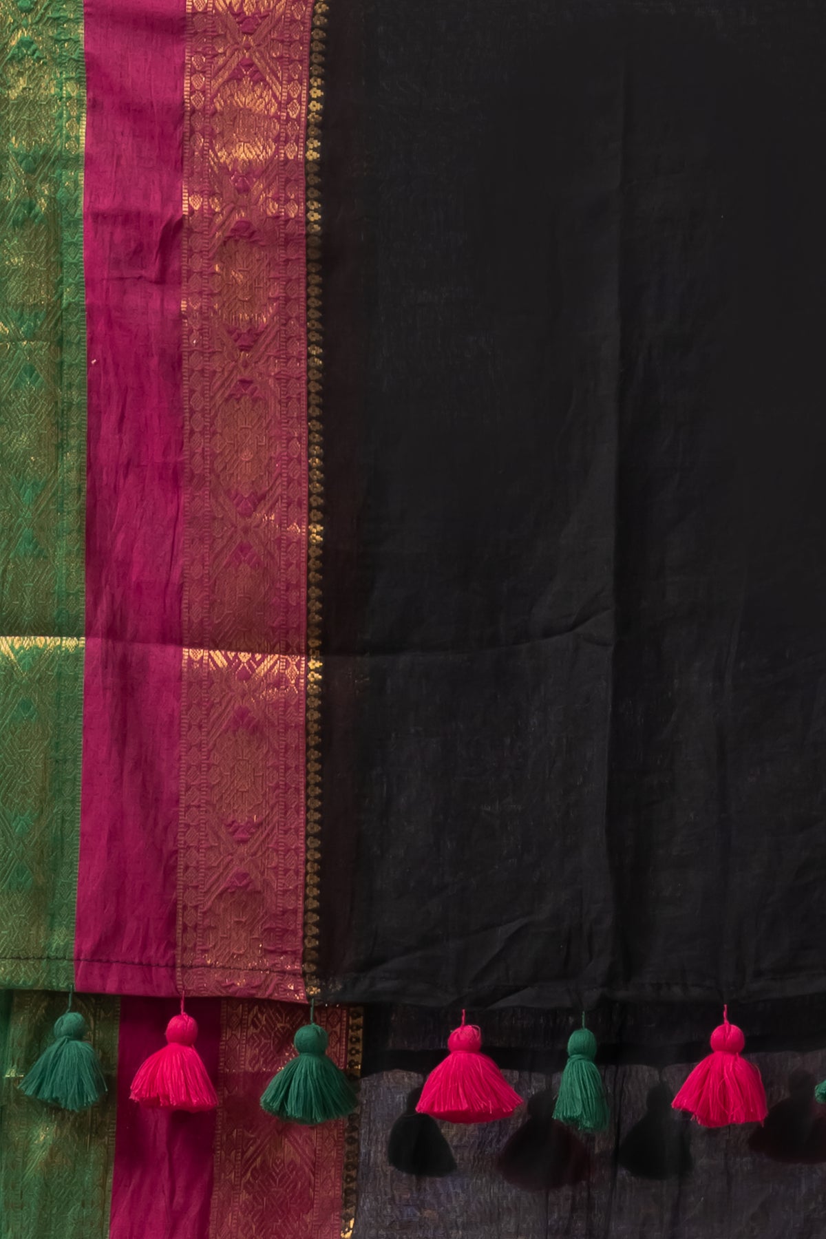 Pink n green kanchi border black mulmul cotton saree