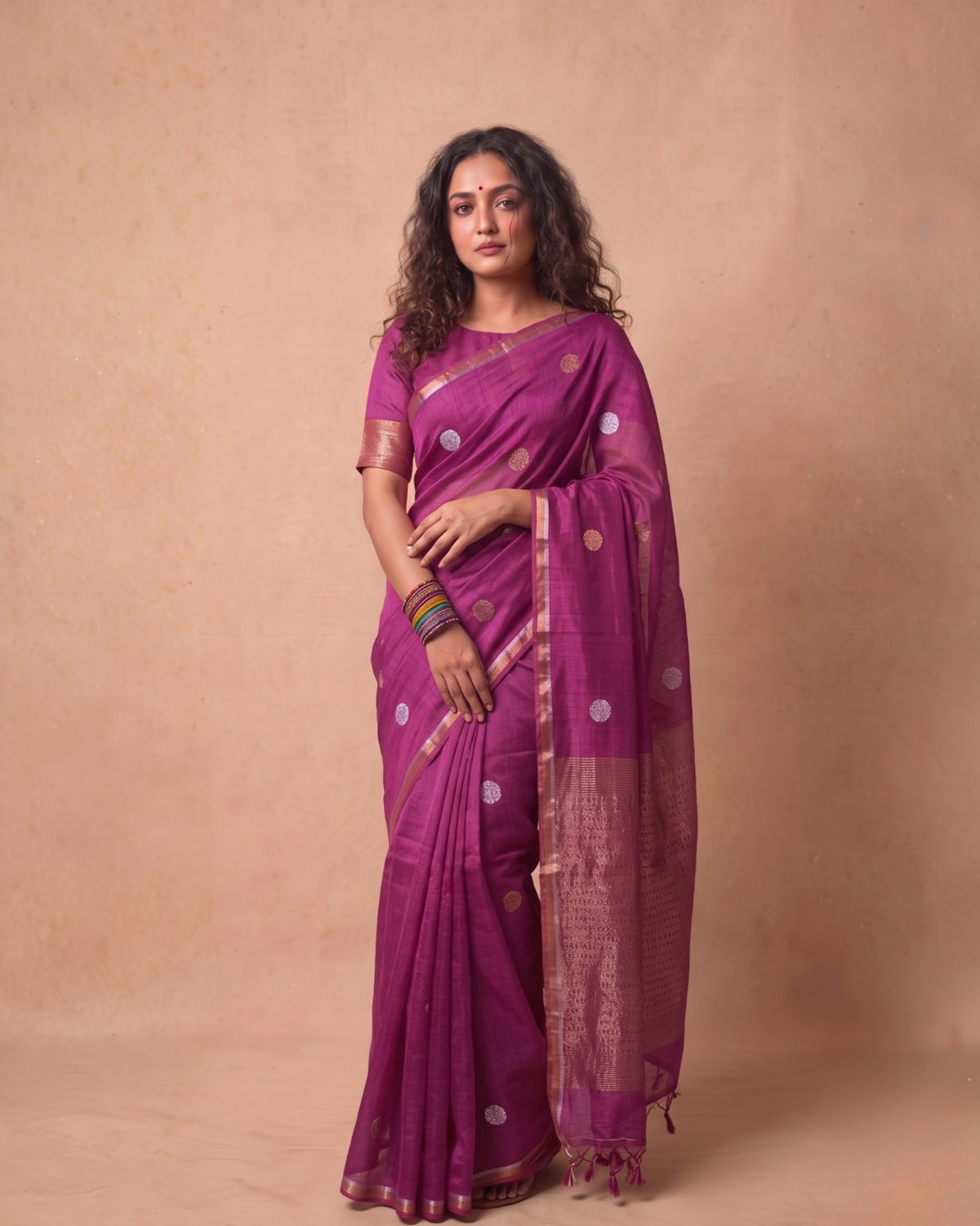 Tissue Tussar Saree in Deep Magenta with Zari Border & Tassels