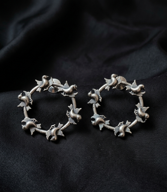 Textured Silver polish branch Hoop Earrings