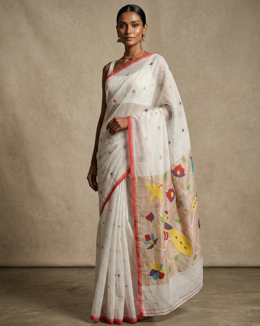 Handspun White Resham Paithni Silk Saree