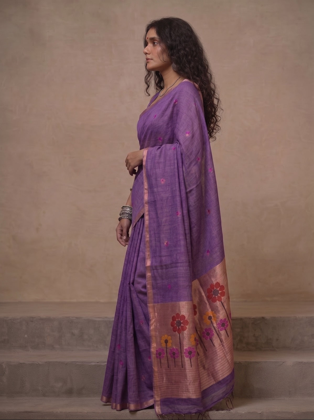 Mauve linen Silk Jamdani saree