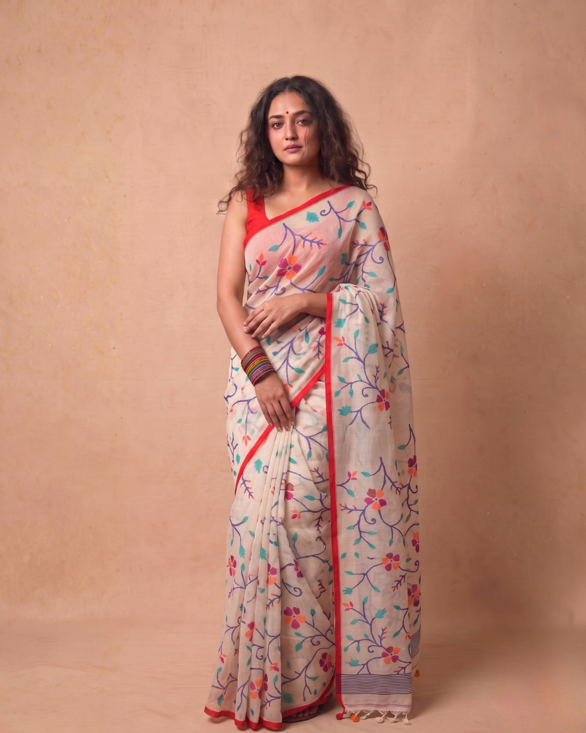 Pure Resham Handwoven Jamdani Saree in Off-White with Red Border