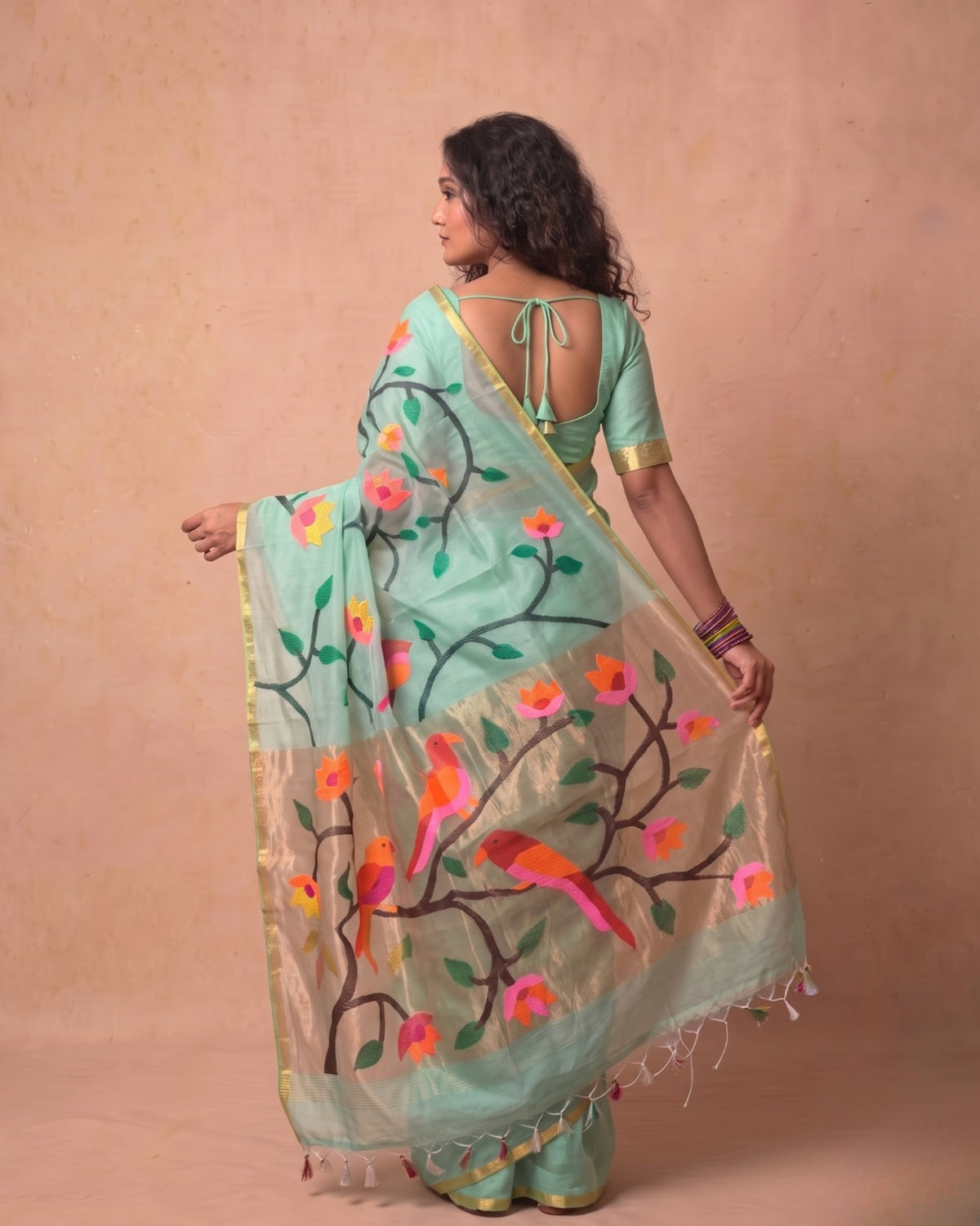 Mint green resham Silk Handloom Saree with Multi-Color Vine Weave
