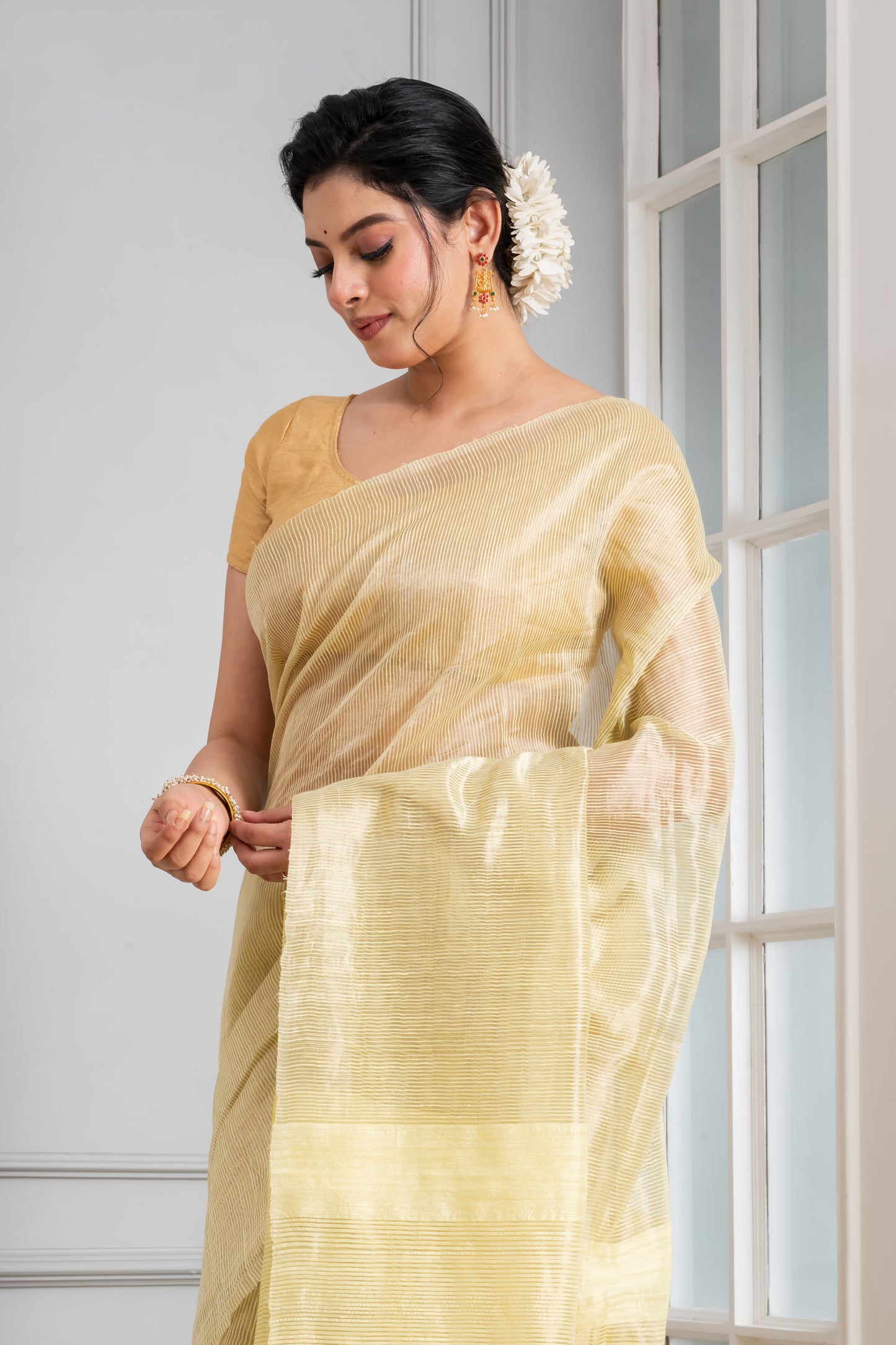 Lemon yellow Striped Matka silk saree