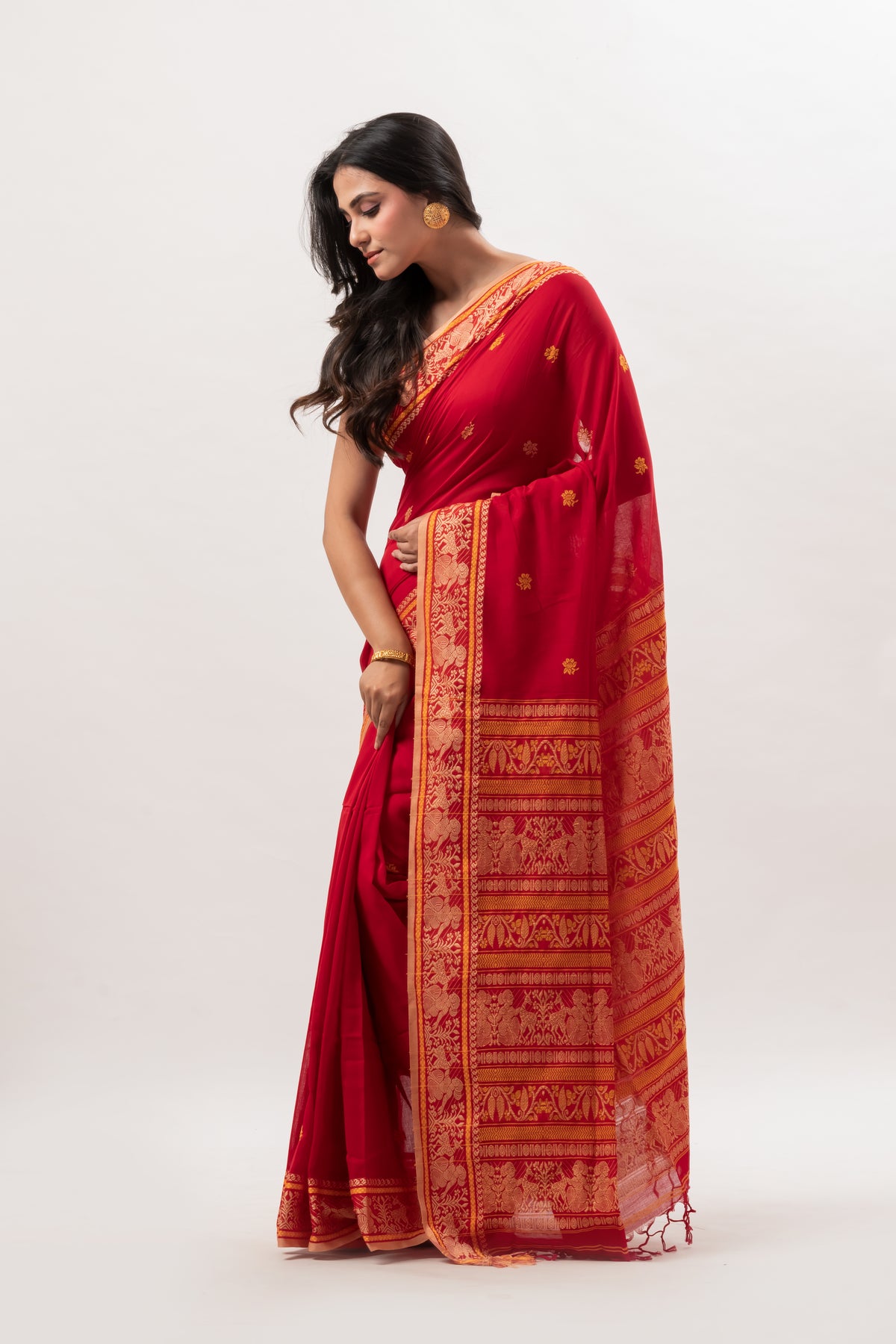 Authentic Bengal Crimson Red Cotton Baluchari Saree