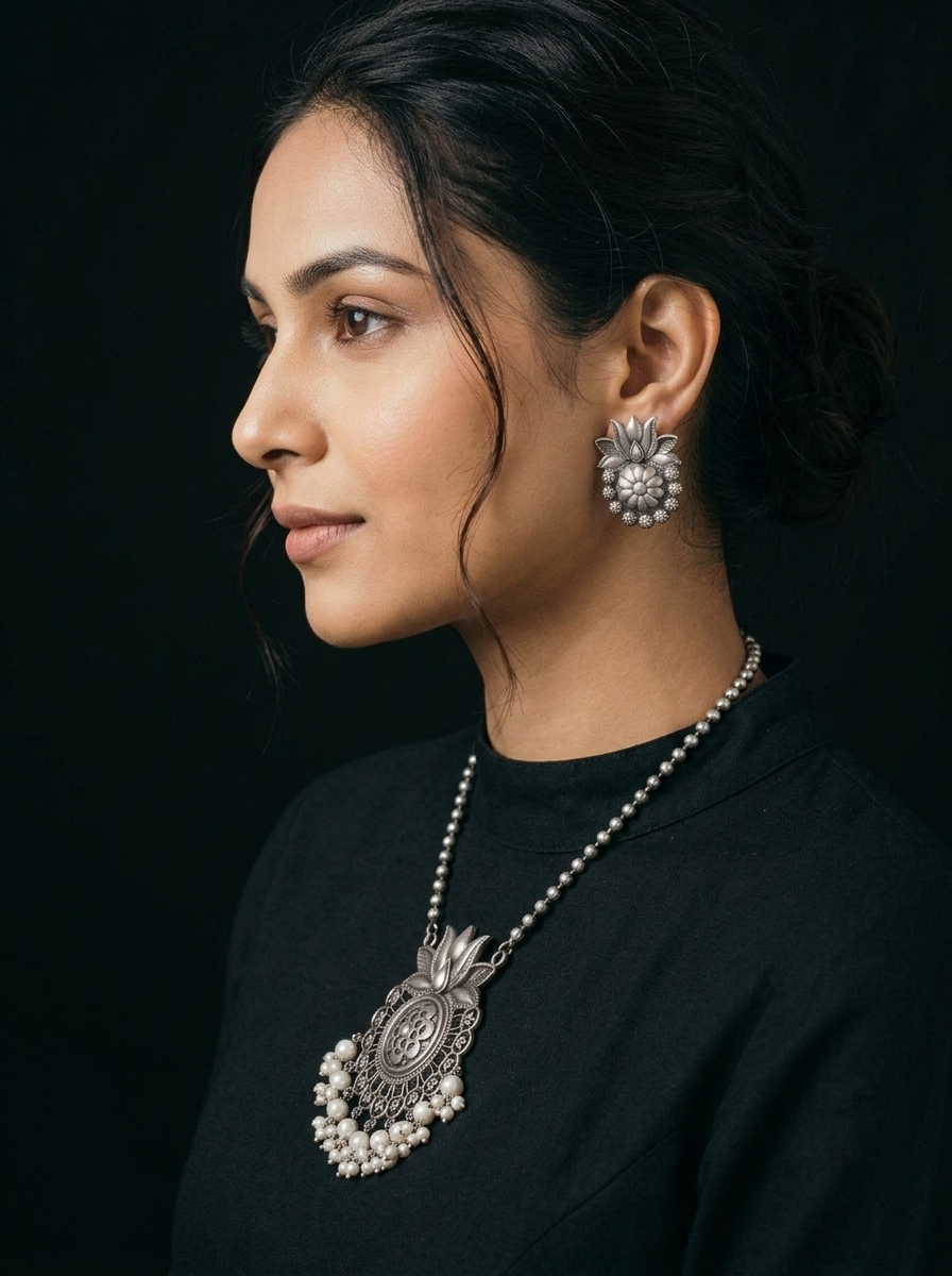Antique Silver Lotus Pendant Set with Pearl Danglers