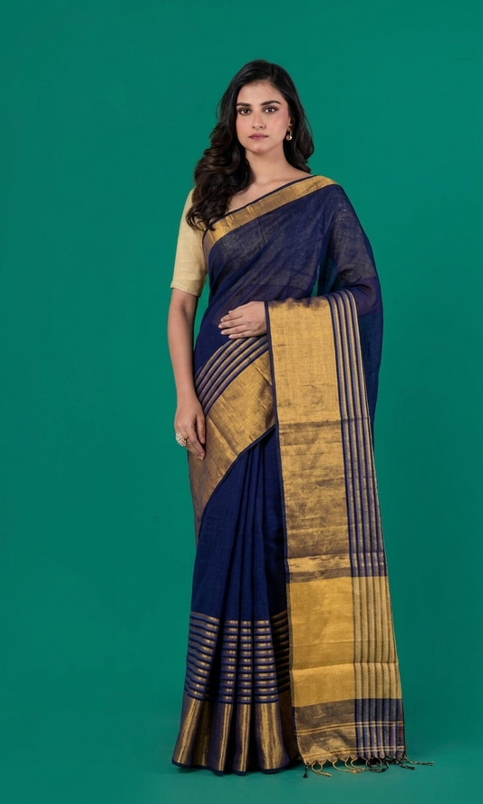 Blue broad zari border Linen Saree