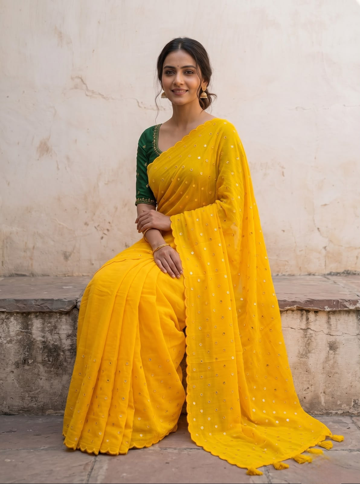 Bright yellow scallop Border Mirror Work Saree