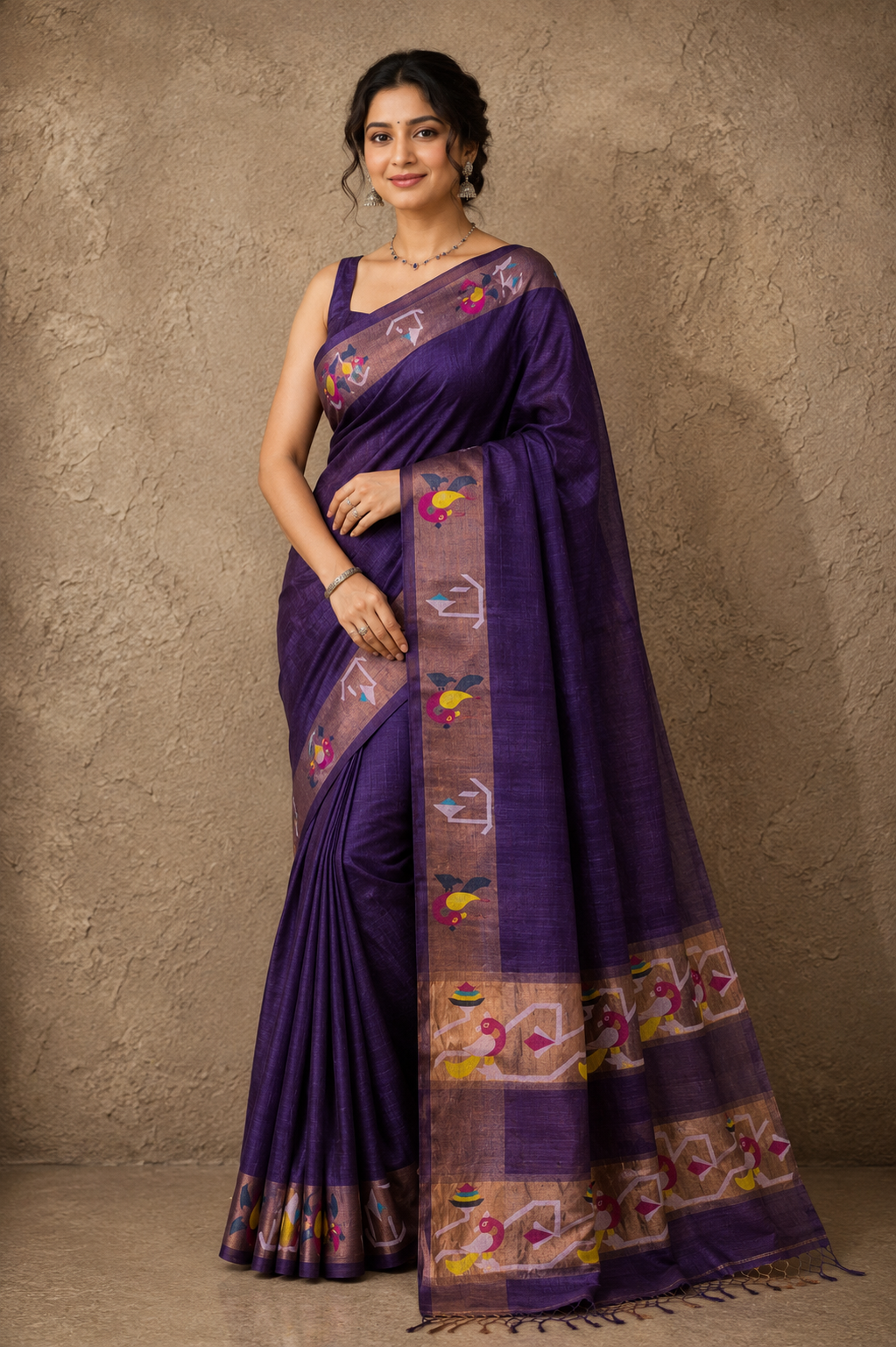 Deep purple tussar Jamdani saree