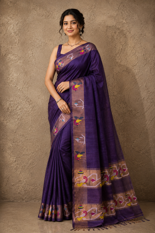 Deep purple tussar Jamdani saree