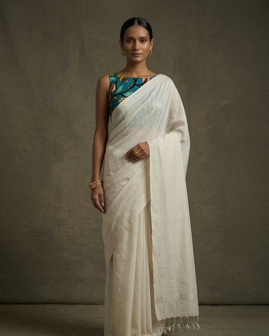 Plain ivory color mangalgiri cotton sarees with hand-painted kalamkari bP .