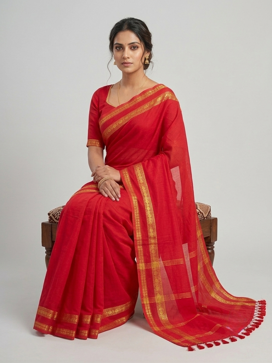 Classic red Handloom Cotton Saree with Zari Kanchi Border
