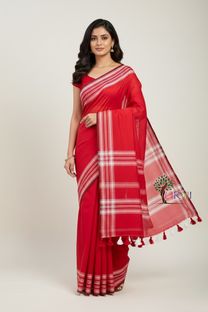 Red mulmul cotton saree