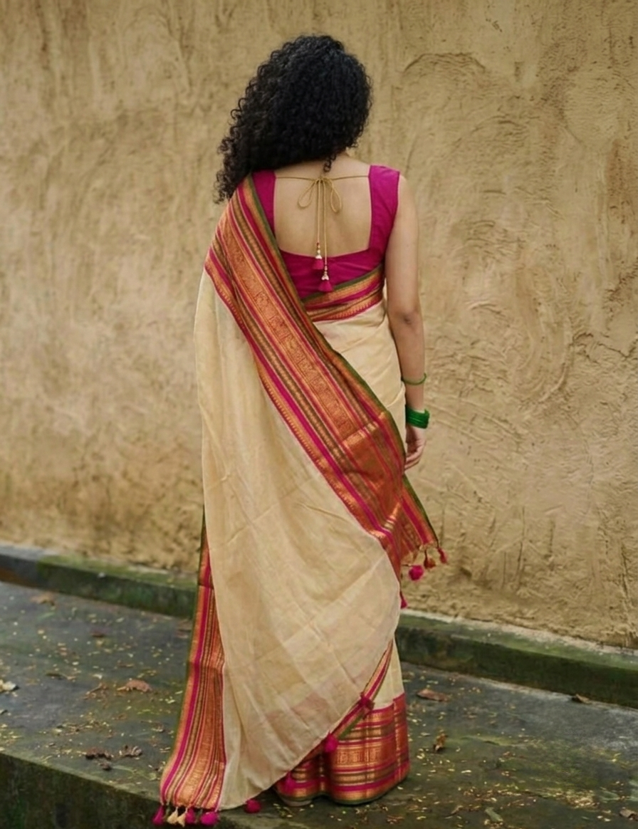 Off white pink zari border mulmul cotton saree