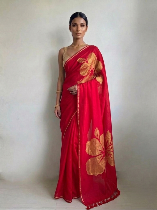 Golden flower tomato red mulmul cotton saree