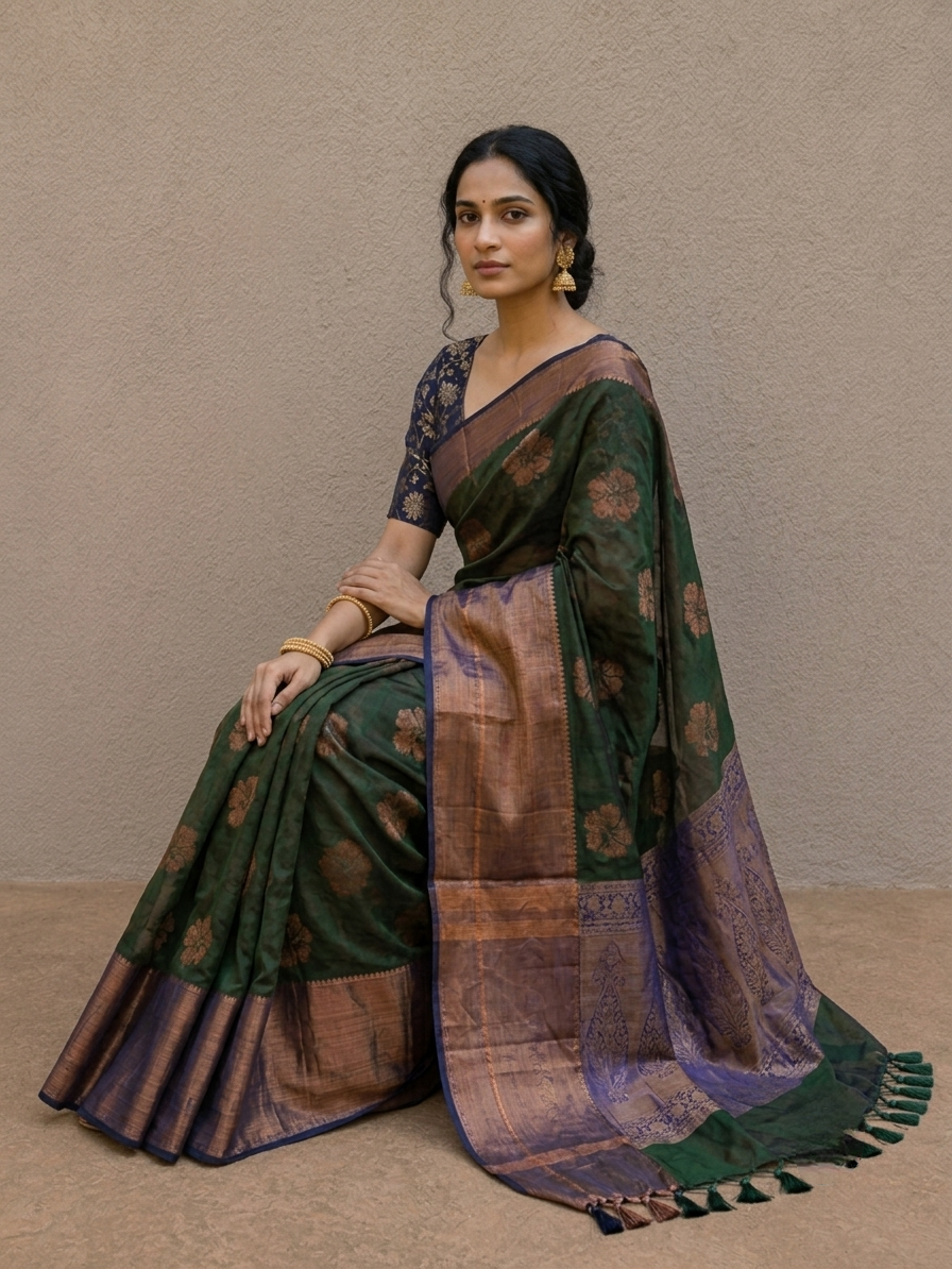 Dark green mulmul cotton flower motif saree