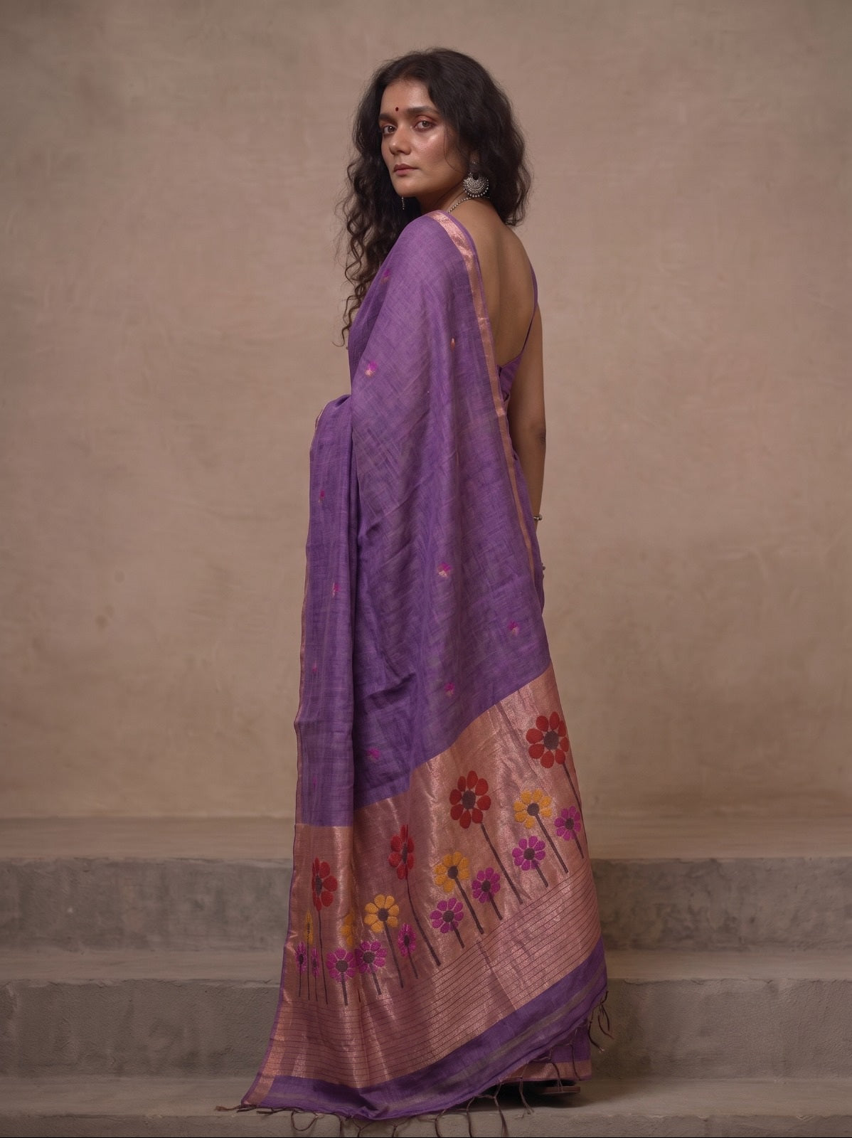 Mauve linen Silk Jamdani saree