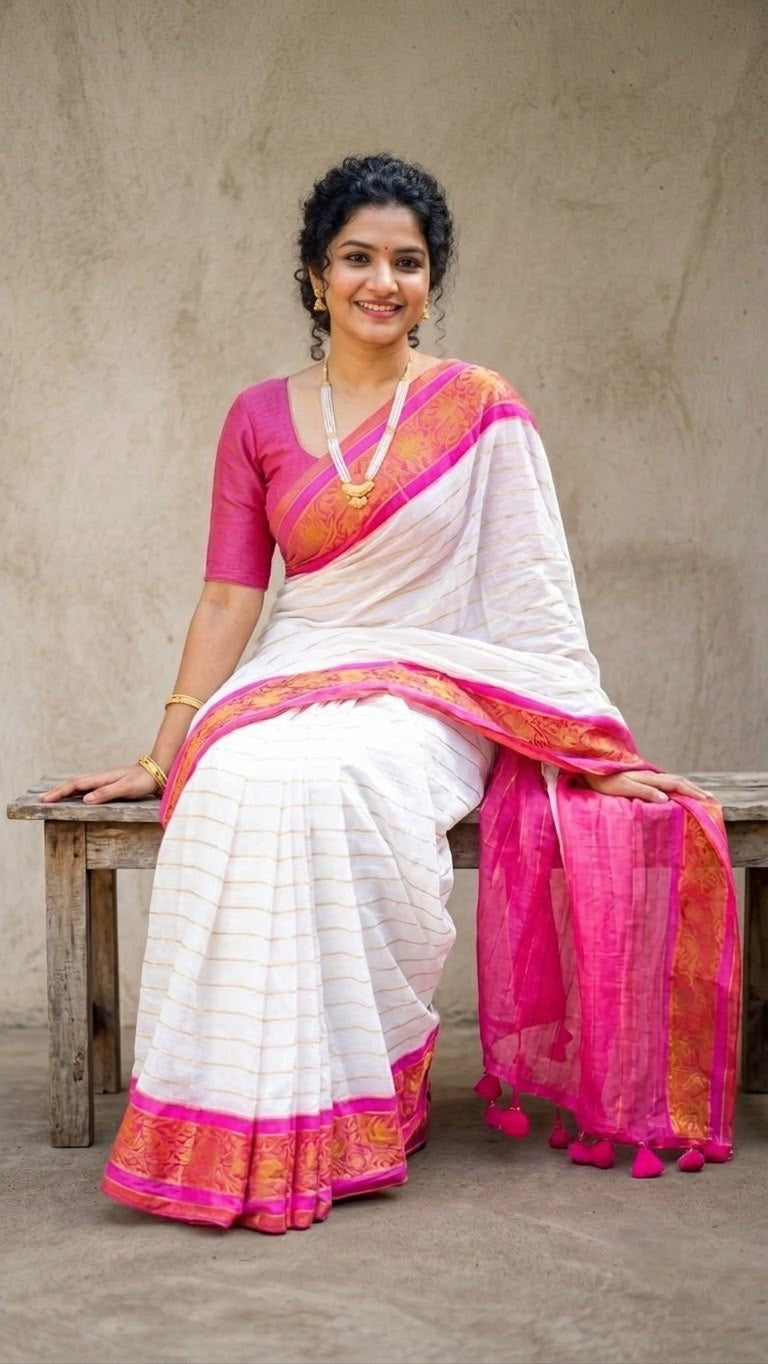 Classic White Mul Cotton Saree with Vibrant Pink Kanchi Zari Border