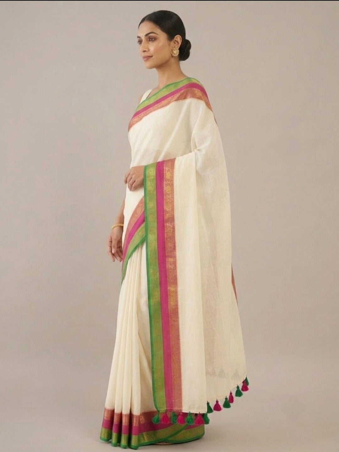 Pink green Kanchi Border Mul Cotton Saree
