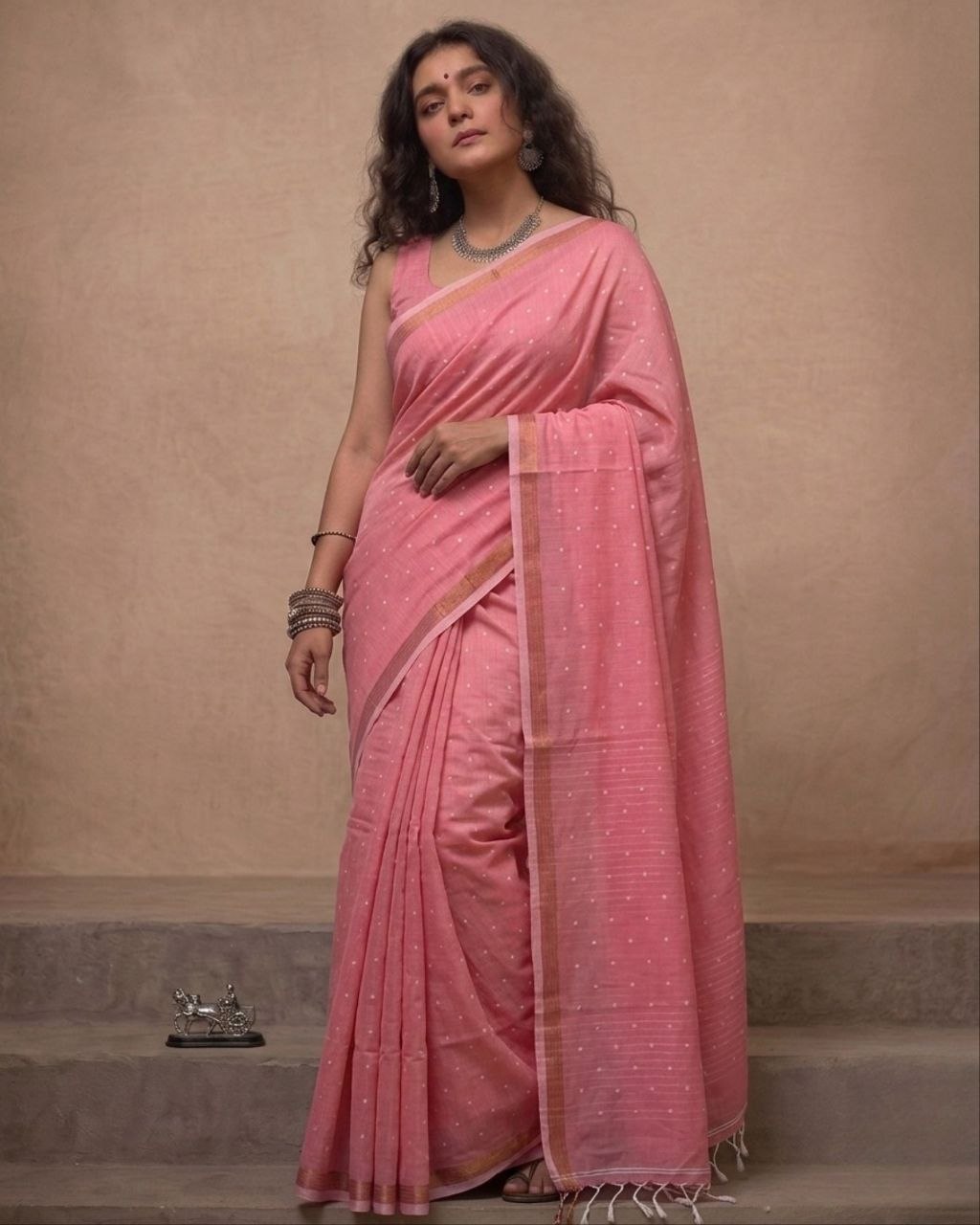 Peach pink organic linen jamdani saree