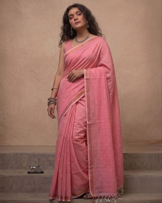 Peach pink organic linen jamdani saree