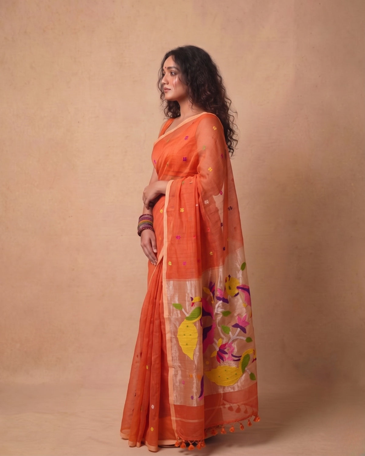 Burnt orange handspun Resham Paithni Silk Saree