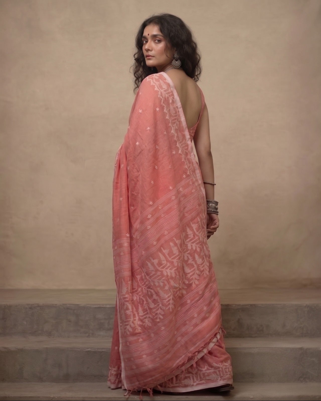Peach handloom cotton jamdani saree