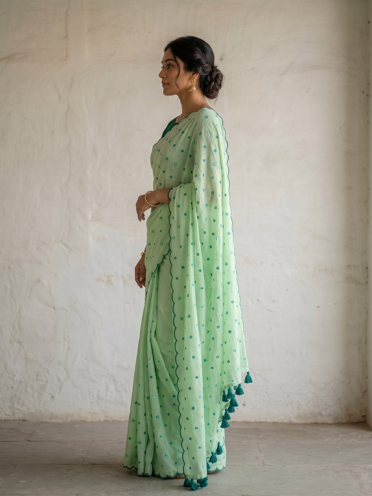 Mint green scallop Border Mirror Work Saree