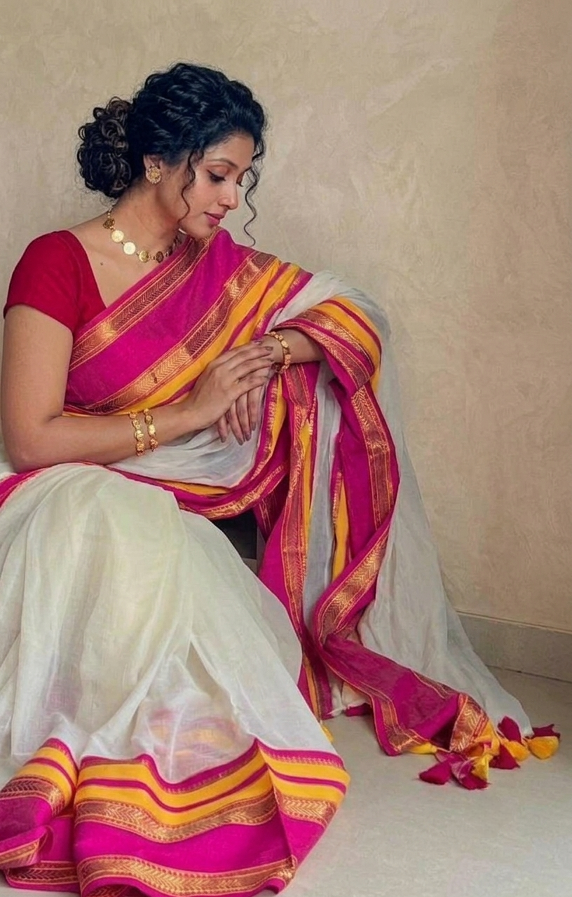 Off white deep-pink yellow kanchi border mulmul saree