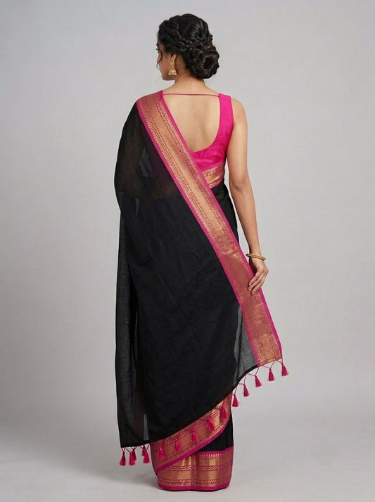 Classic black mulcotton saree with Contrast Pink and Gold Zari Border