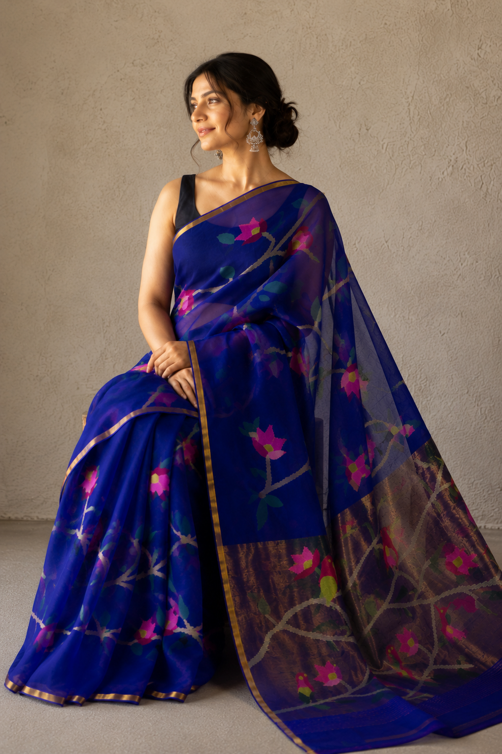 Cobalt blue handspun white resham paithni silk saree