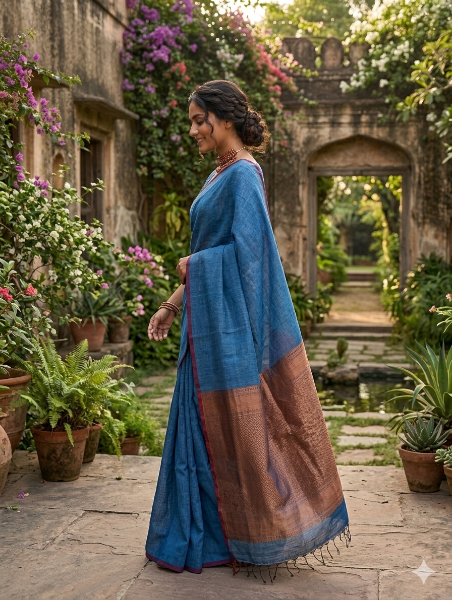 Royal blue Linen Saree