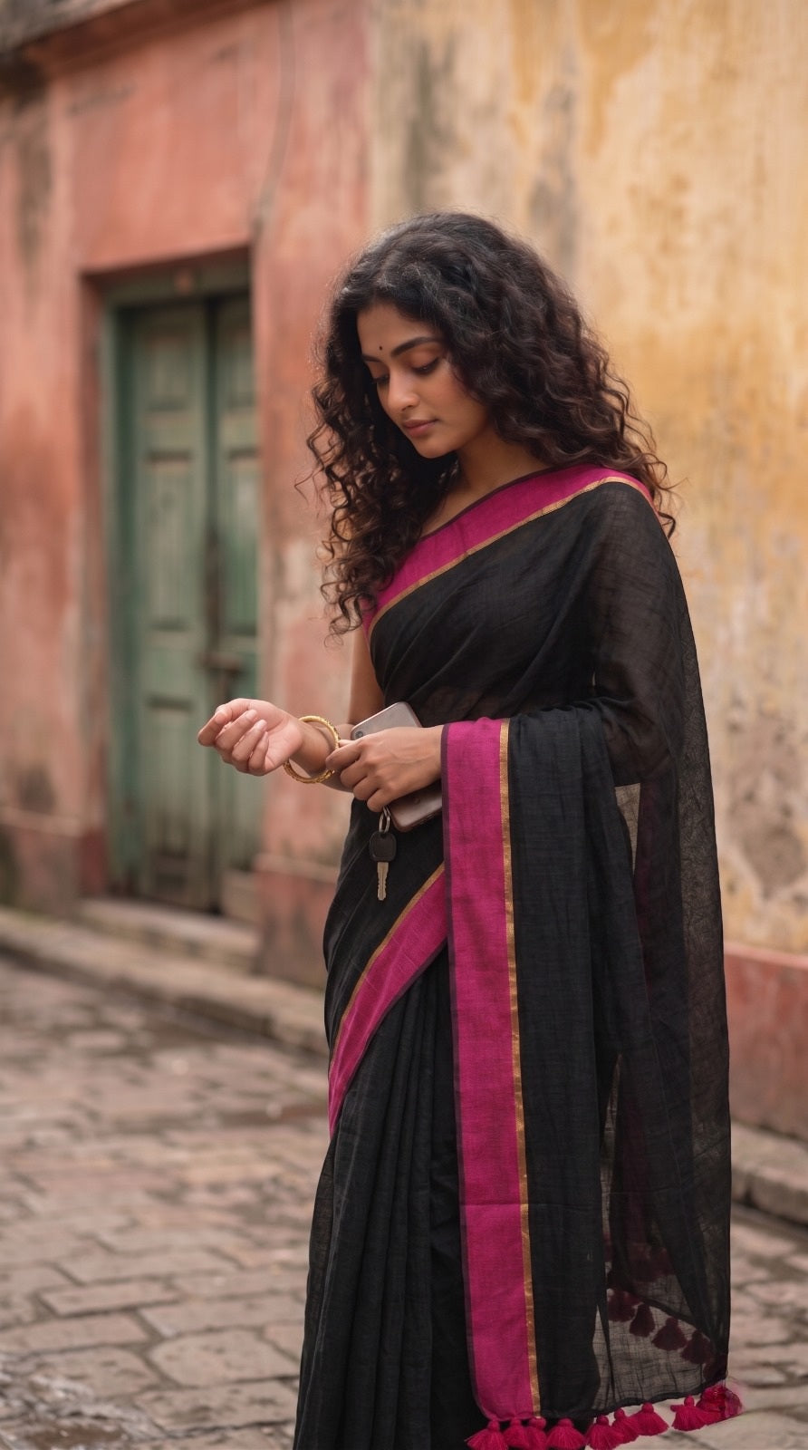 Black mulmul cotton saree pink border