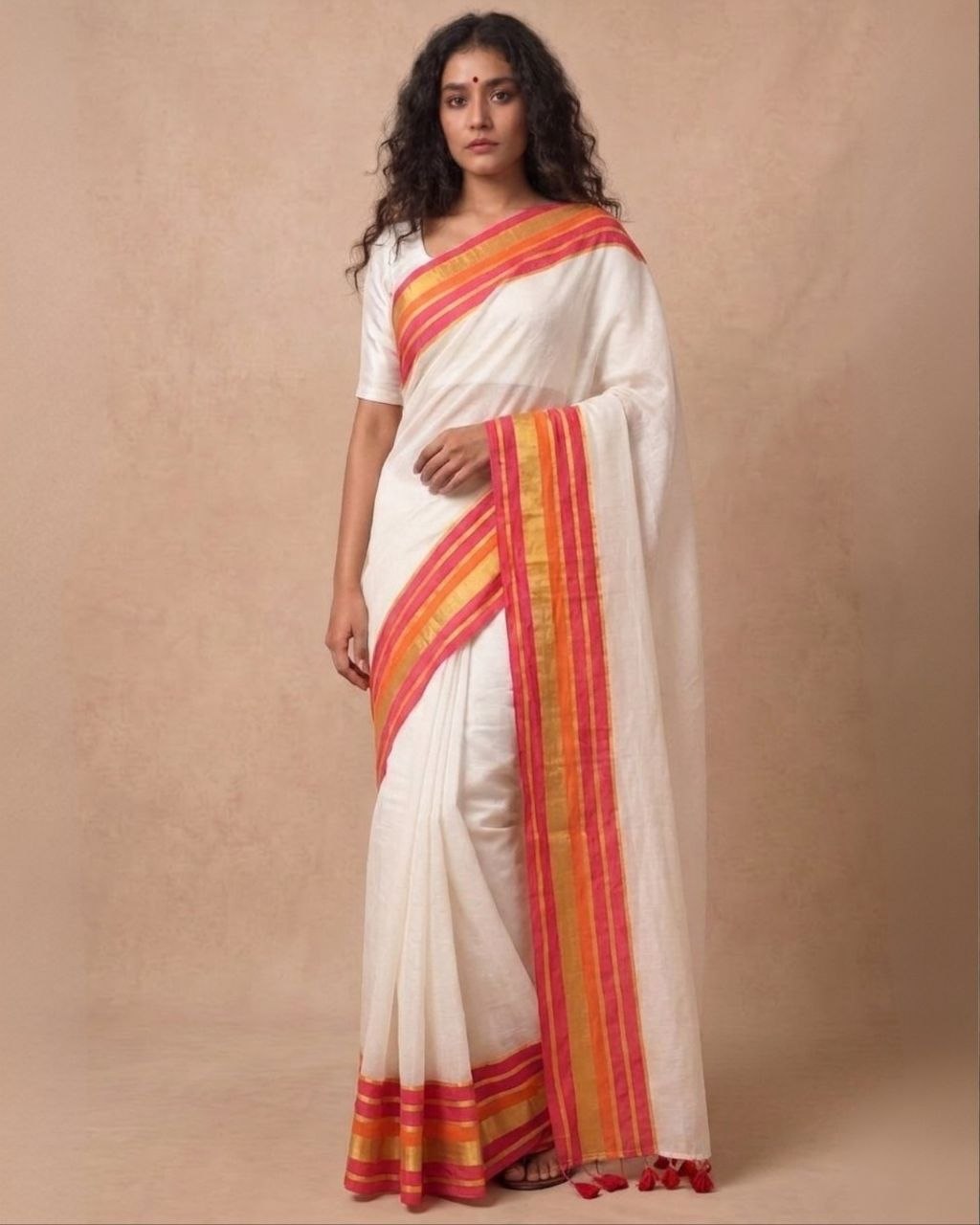 Off white red orange zari border mulmul saree
