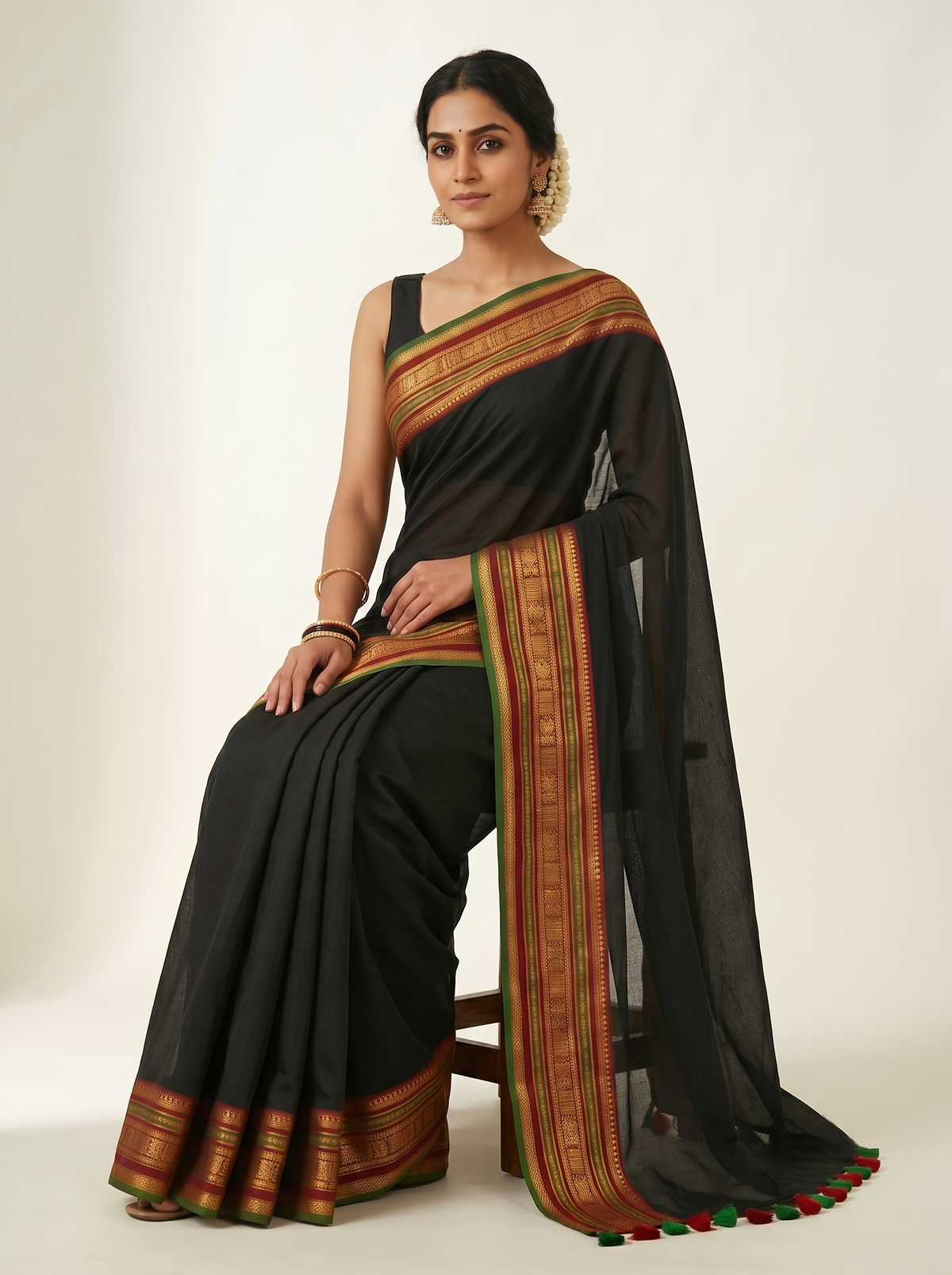 Gorgeous black mul cotton saree with multicolor kanchi borde
