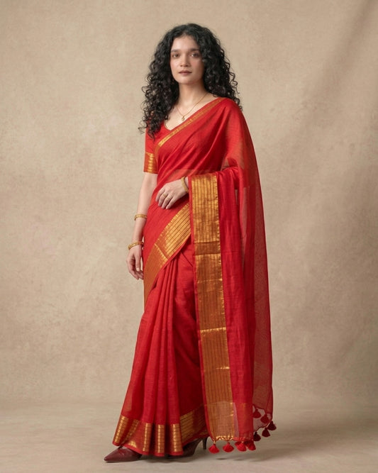 Red mul cotton saree golden striped border