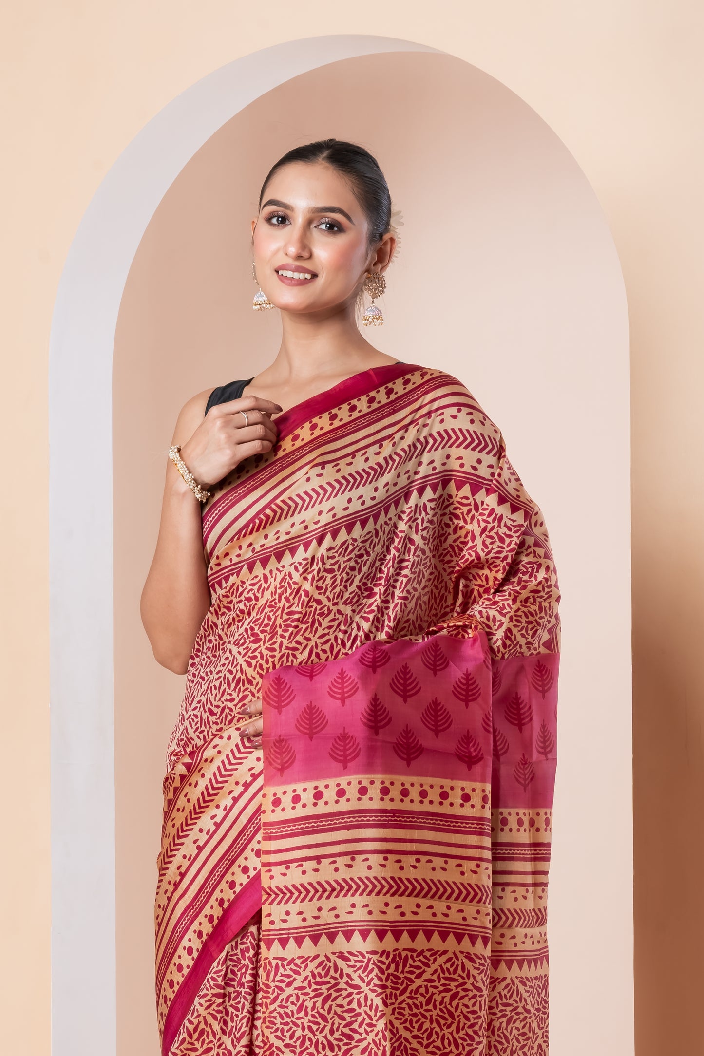 Pink n beige printed Pure silk